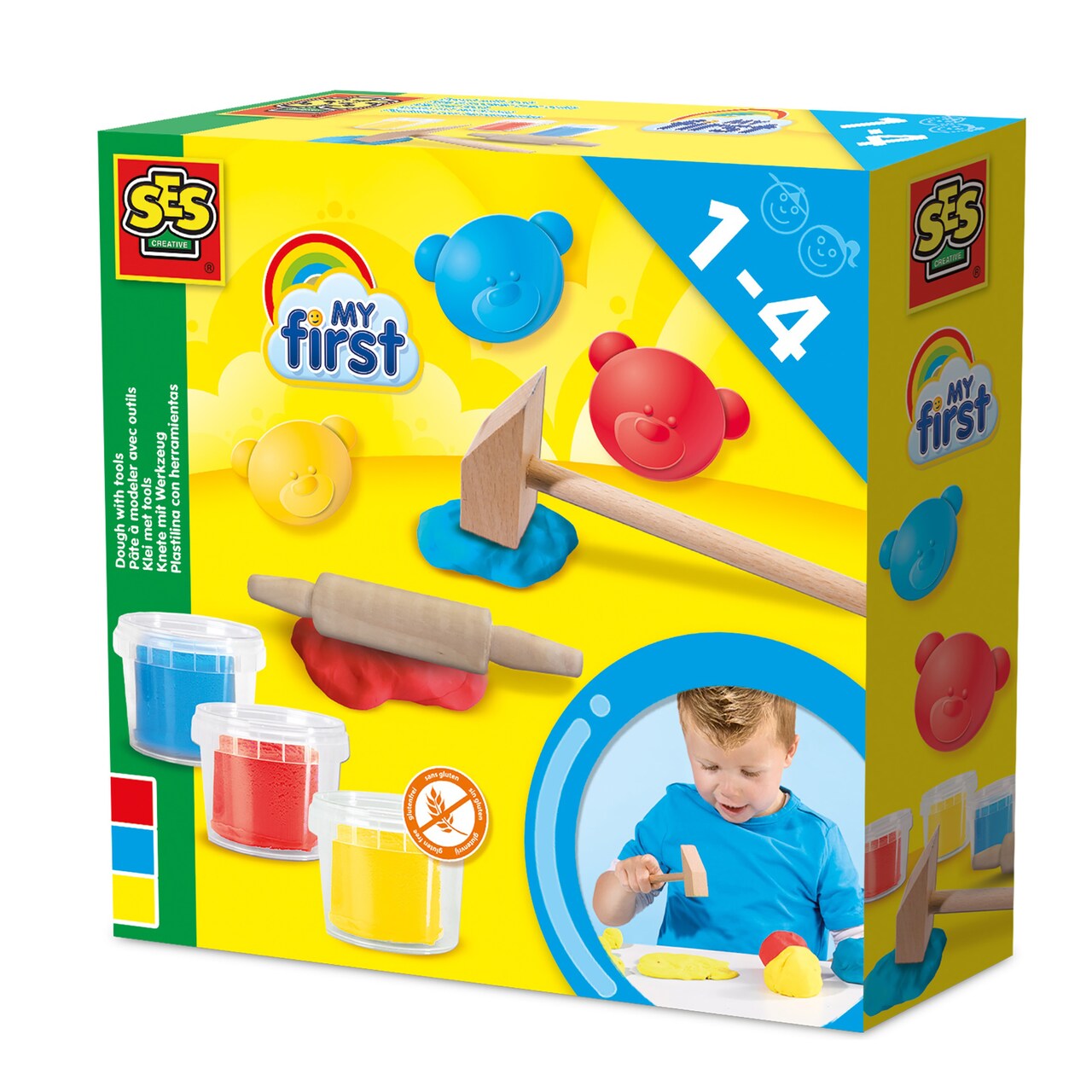 SES Creative: My First Dough With Tools - 3 Color 3oz Tubs, Red-Blue-Yellow, 2 Wooden Tools, Gluten-Free Play Dough, Sensory Play, Baby-Toddler-Kid 1+